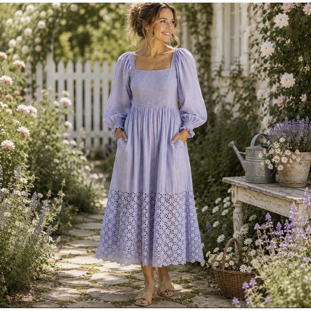Free People Perfect Storm Small  Midi Dress Eyelet Smocked Cottagecore Milkmaid